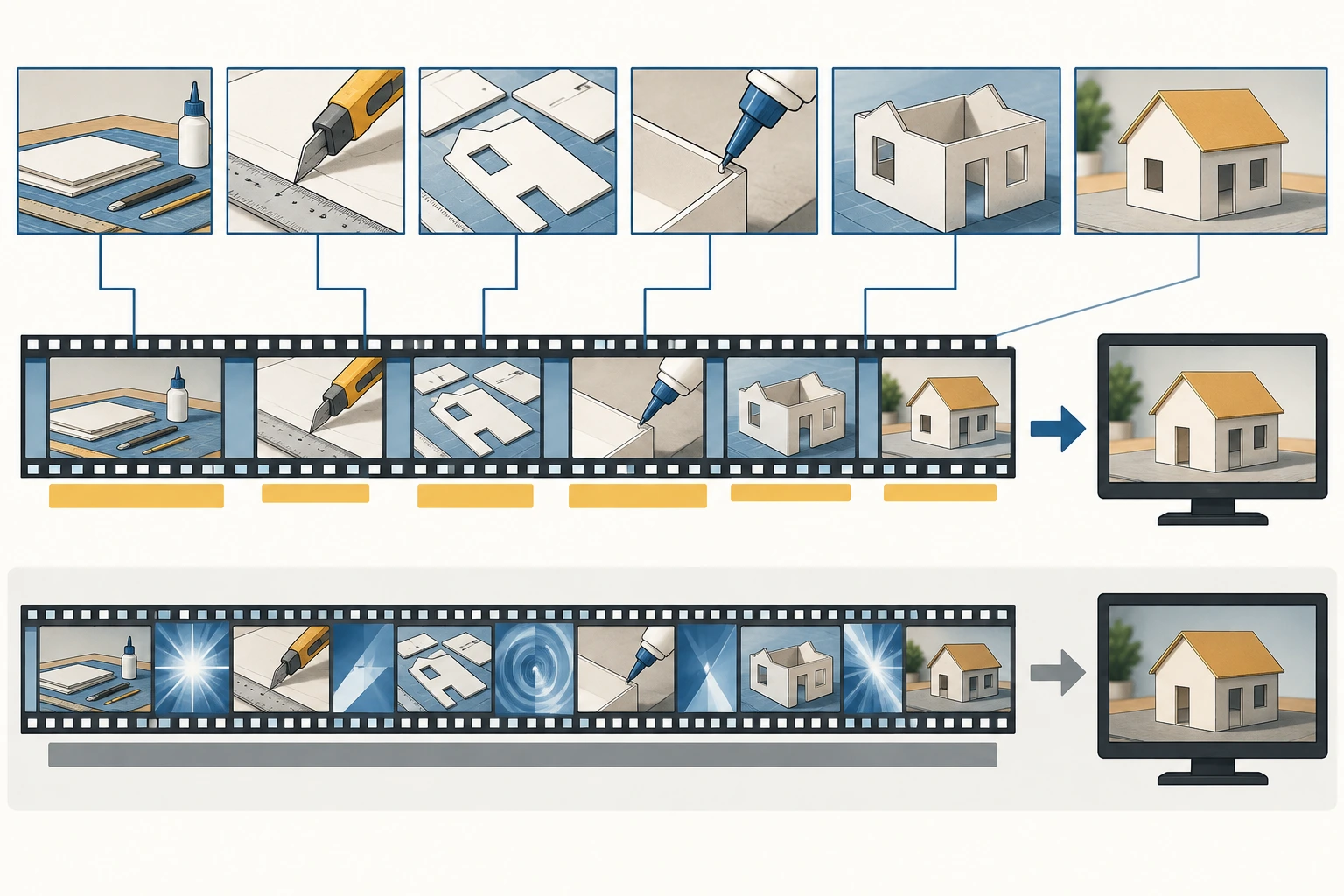 Planos de preparação, corte e montagem de uma maquete são ordenados numa faixa de vídeo e comparados com transições vistosas.