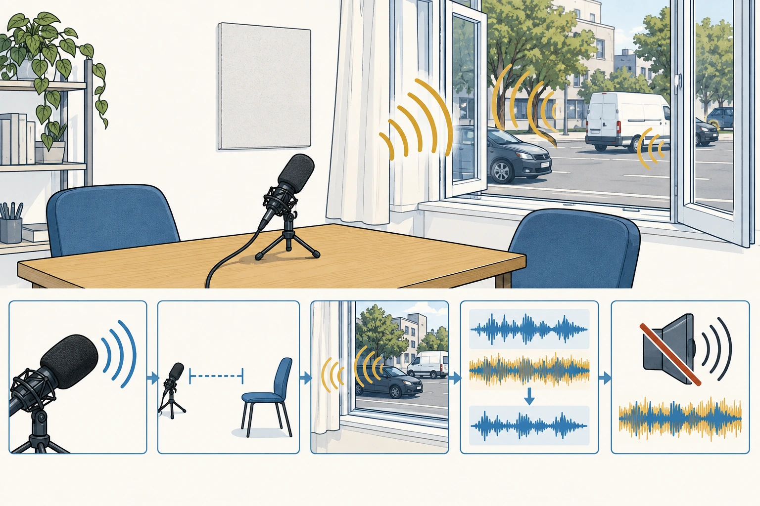 Microfone numa sala com janela aberta para o trânsito; esquemas com ondas sonoras comparam captação próxima e ruído de fundo.
