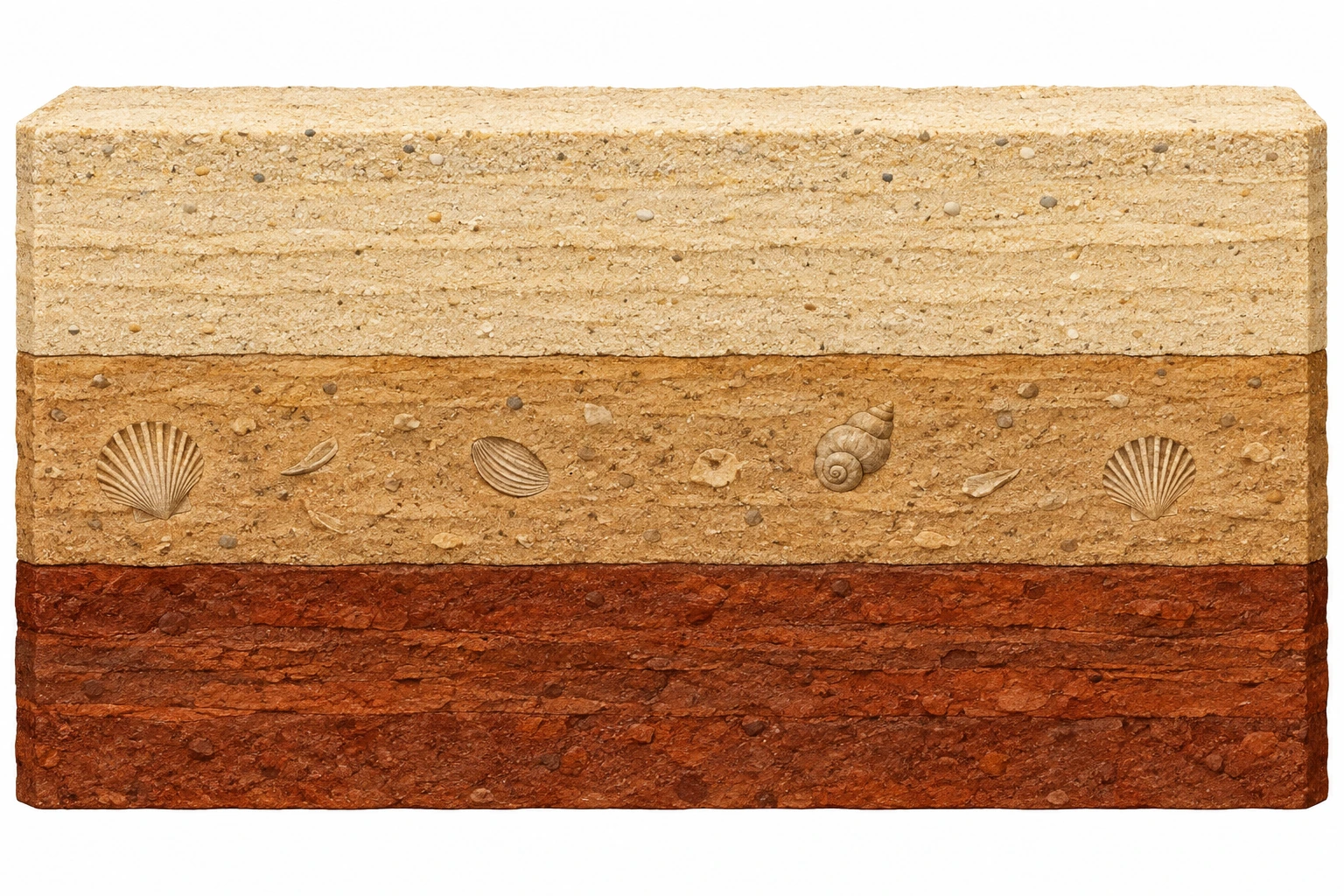 Corte de três camadas sedimentares horizontais e contínuas: base vermelha escura, camada intermédia castanha com conchas e topo claro.