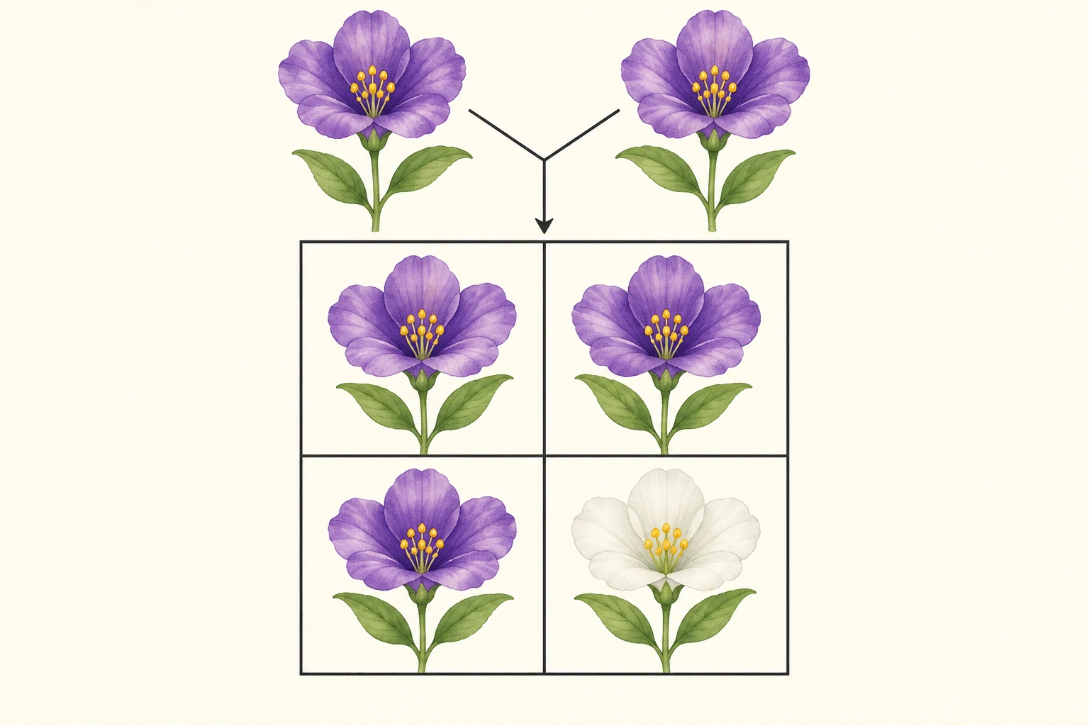 Dois progenitores com flores roxas sobre uma grelha de quatro possibilidades igualmente desenhadas: três flores roxas e uma branca.