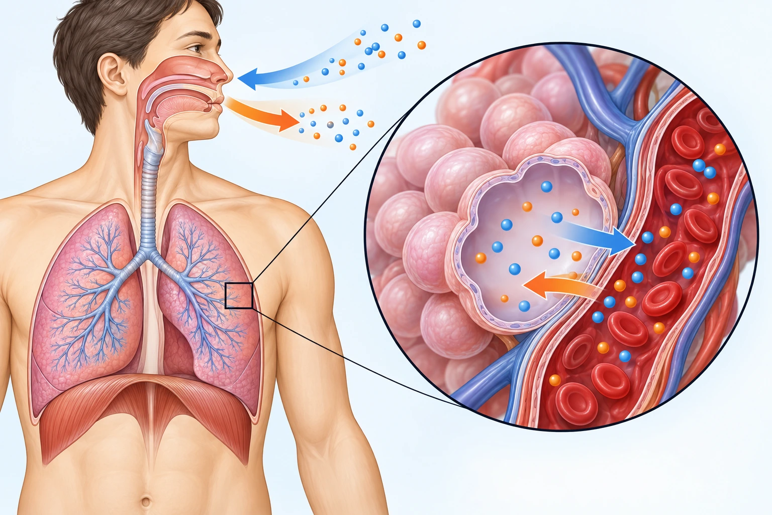 Esquema do tórax e dos pulmões com ar a entrar e sair; ampliação de um alvéolo mostra duas trocas gasosas em sentidos opostos.