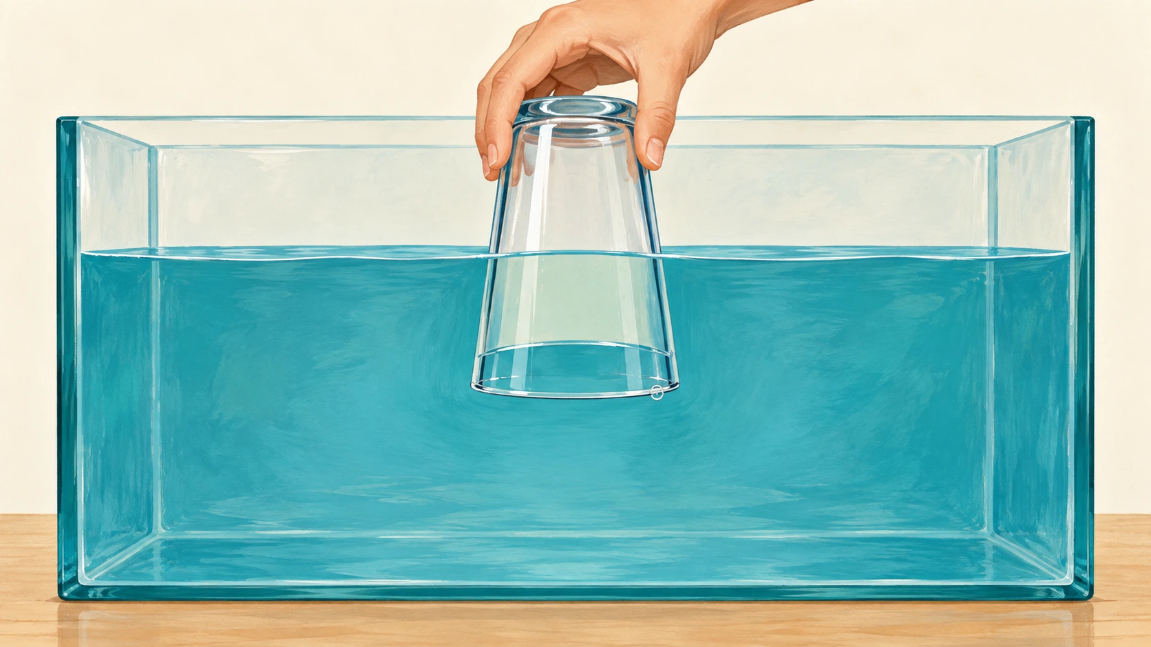 Copo transparente invertido e mergulhado numa bacia; o ar retido impede a água de ocupar todo o interior.