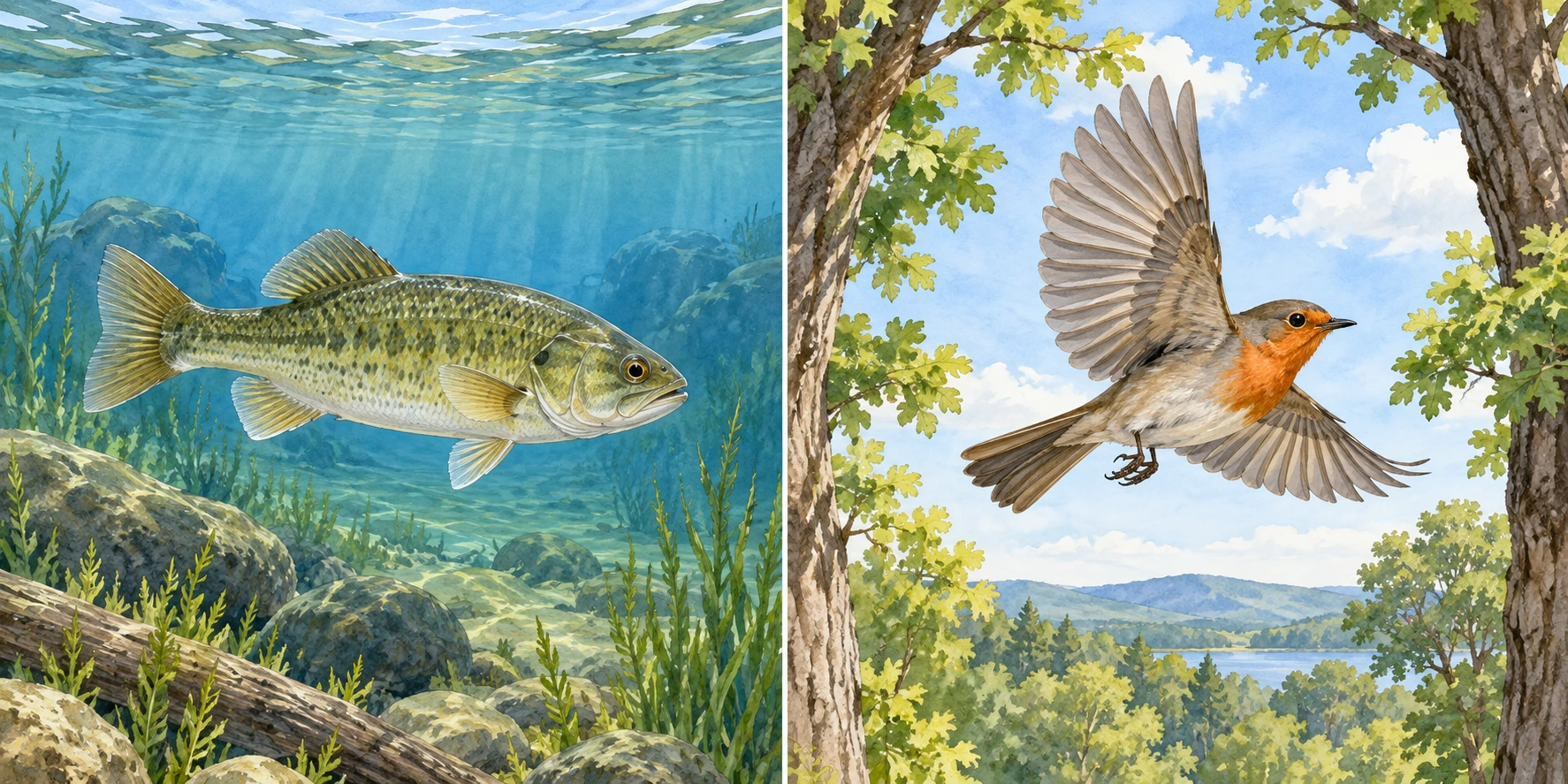 À esquerda, um peixe nada submerso com barbatanas visíveis; à direita, uma ave voa entre árvores com asas abertas.