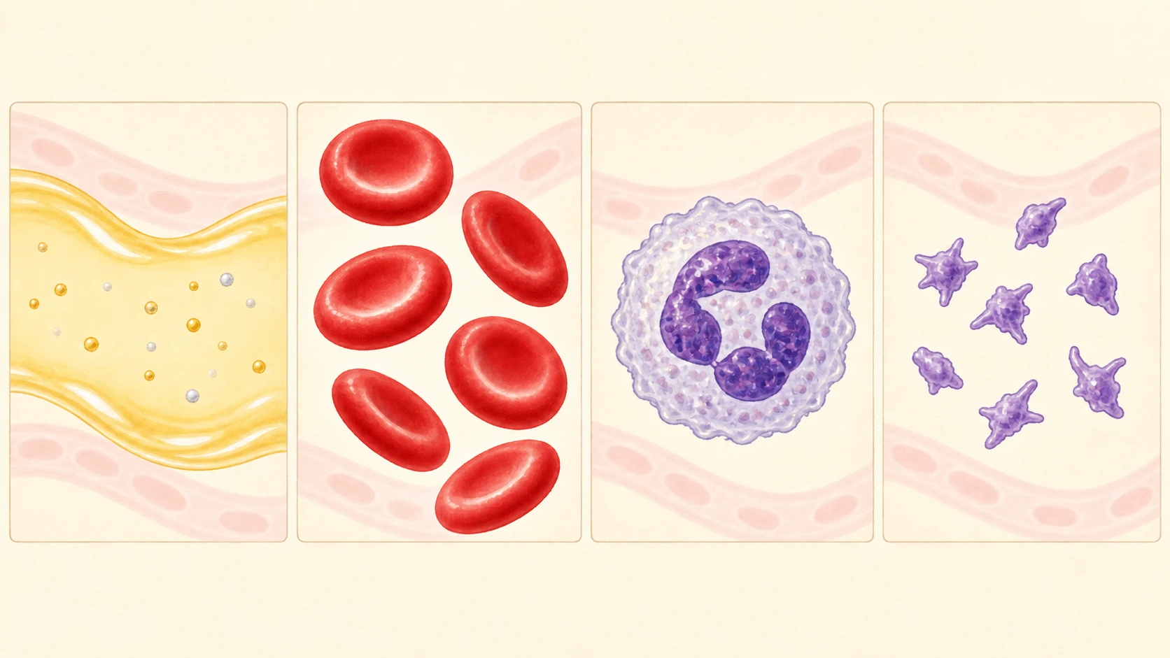Quatro quadros esquemáticos distintos apresentam plasma, glóbulos vermelhos, glóbulos brancos e plaquetas.