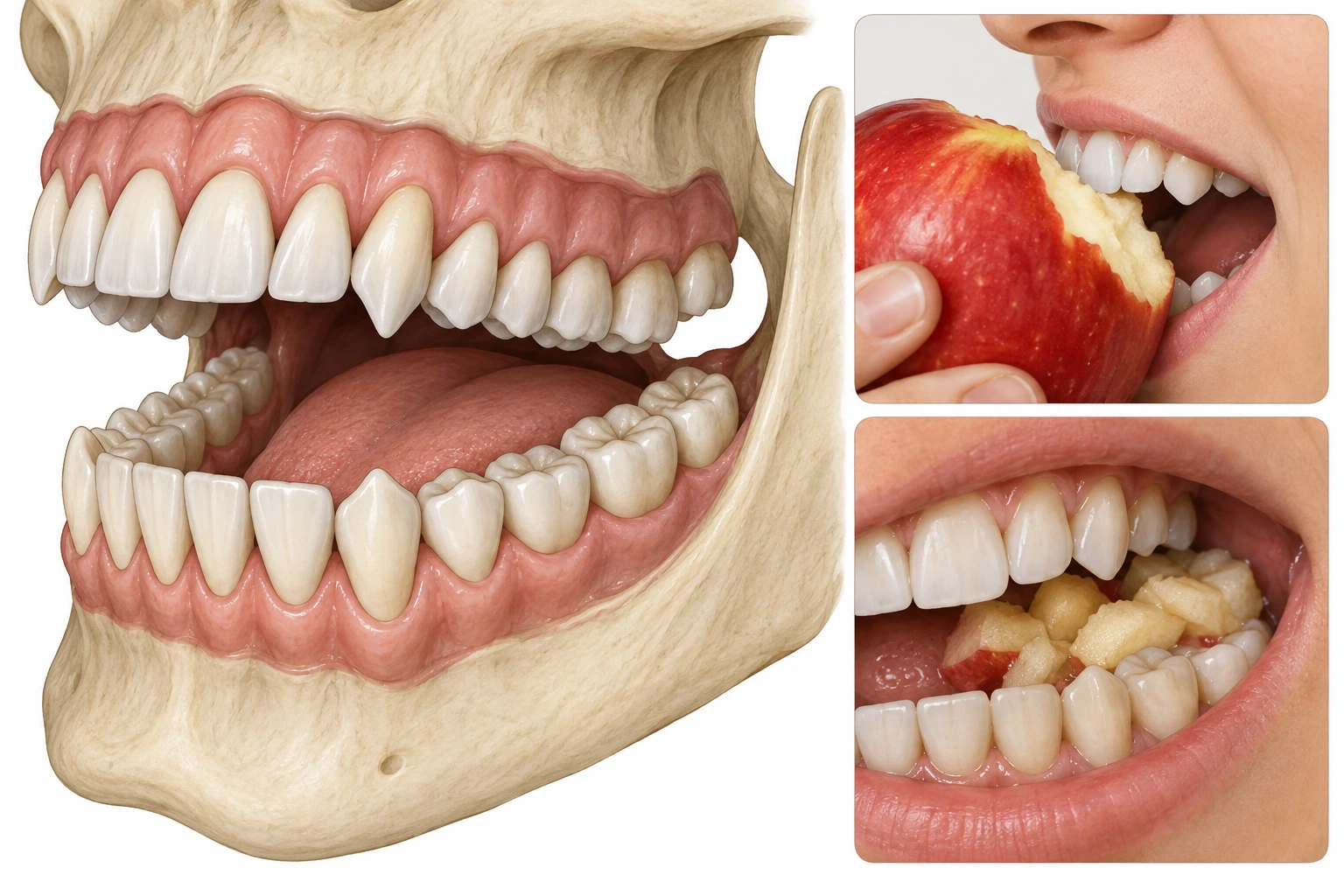 Modelo de boca com dentes da frente, caninos e molares; duas vinhetas mostram morder uma maçã e mastigar pedaços.