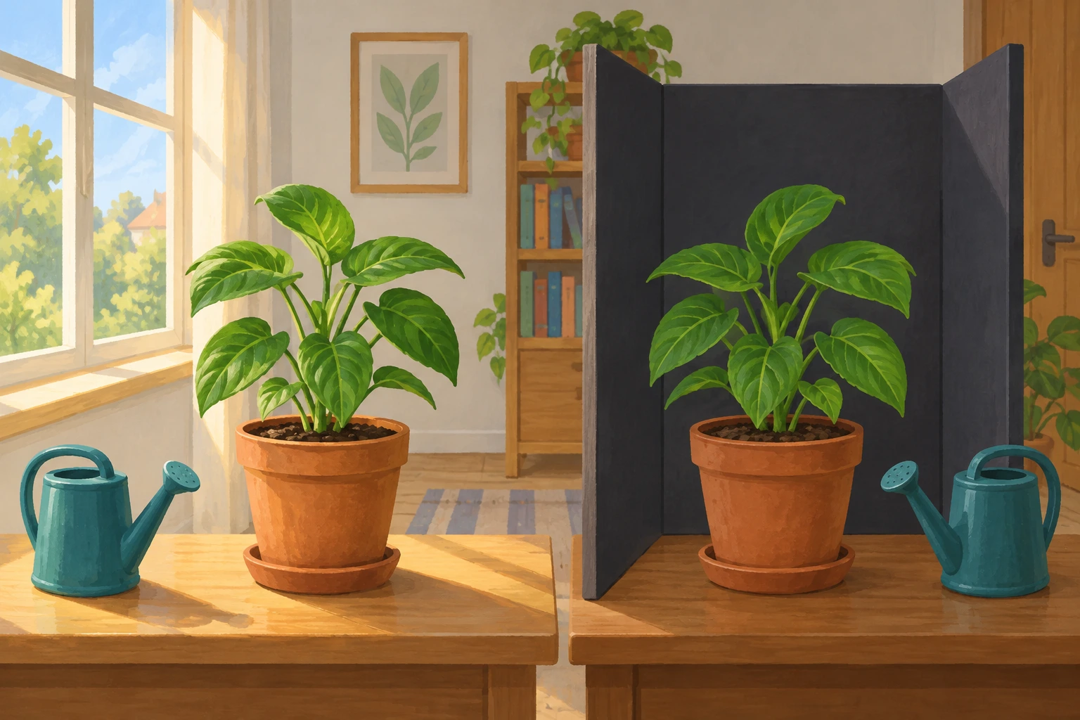 Duas plantas semelhantes recebem água; uma está à luz do Sol e a outra à sombra.