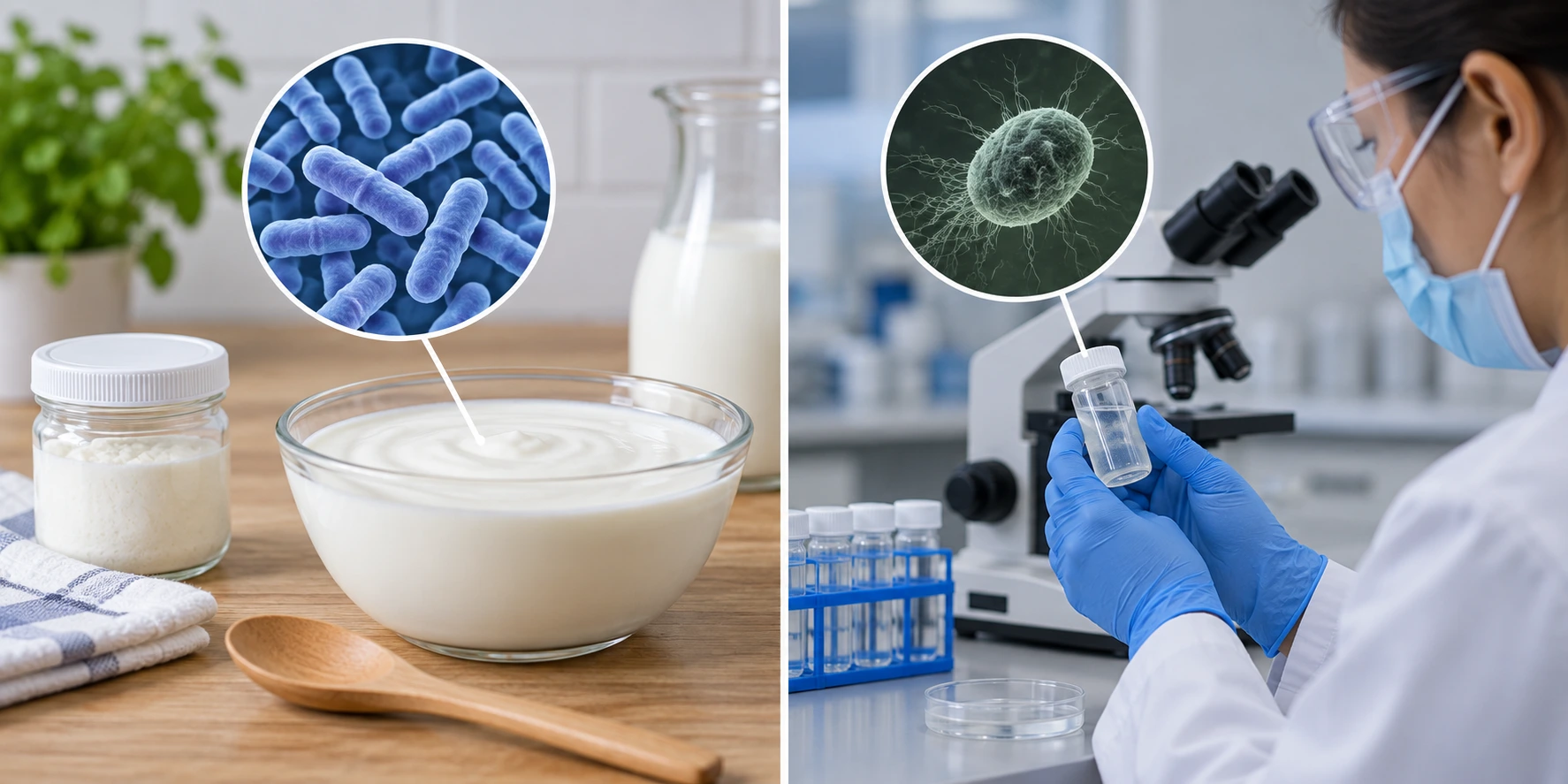 À esquerda há iogurte e ampliação ilustrativa de bactérias fermentadoras; à direita, uma amostra fechada observada ao microscópio.