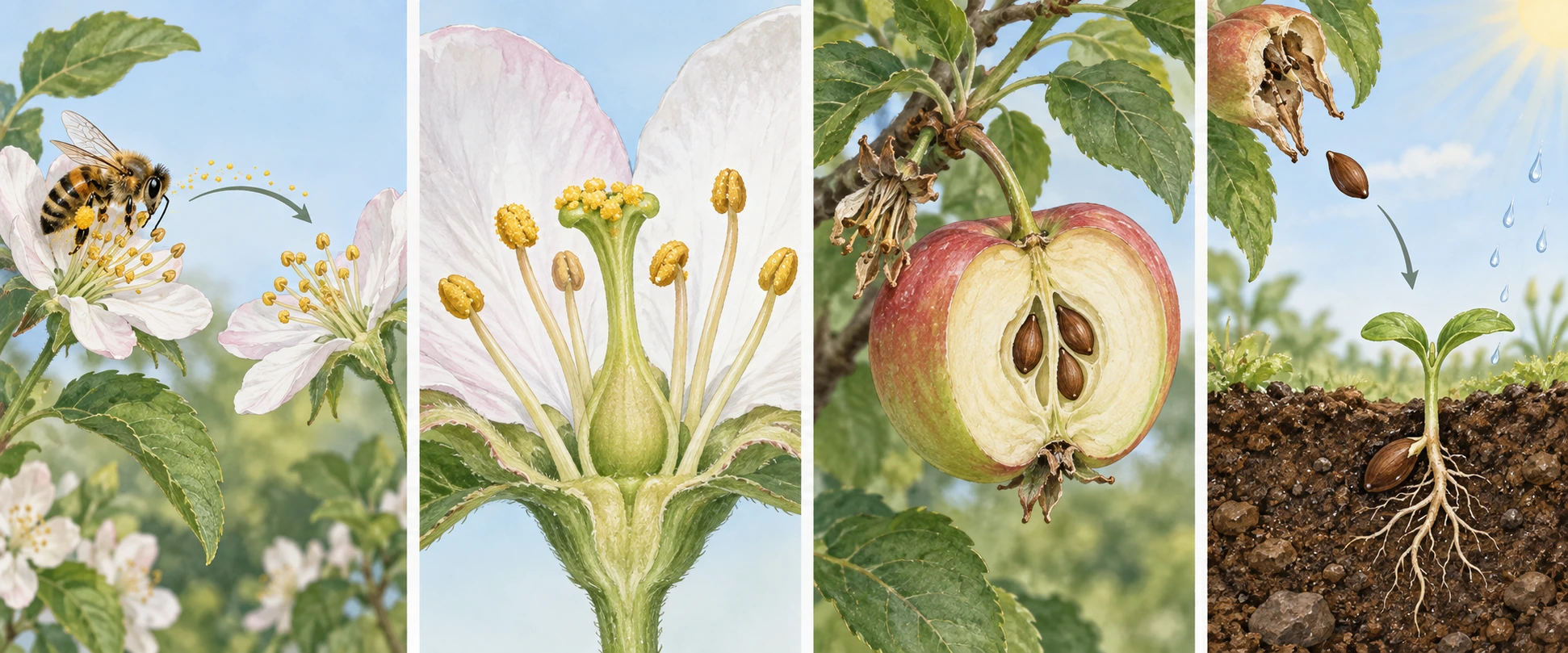 Quatro painéis: abelha transfere pólen entre flores semelhantes, pólen chega à flor, surge um fruto com sementes e uma semente germina.