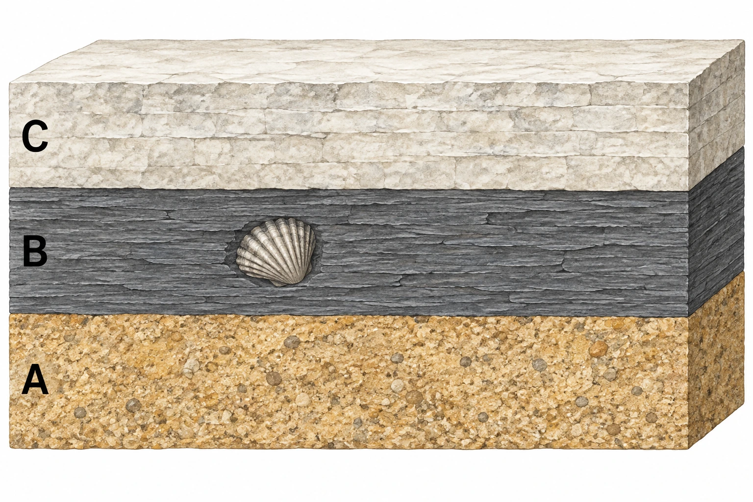 Corte geológico com três camadas horizontais não perturbadas: A arenosa na base, B argilosa escura com uma concha fossilizada ao meio e C calcária clara no topo.