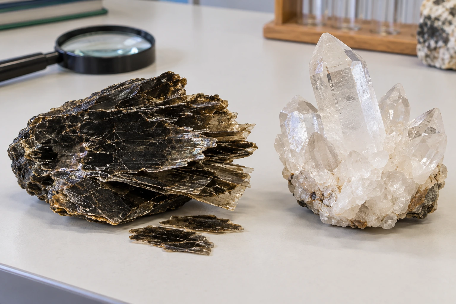 Duas amostras sobre uma mesa: biotite escura em lâminas finas separáveis e quartzo claro com cristais de aspeto vítreo; uma lupa está ao fundo.