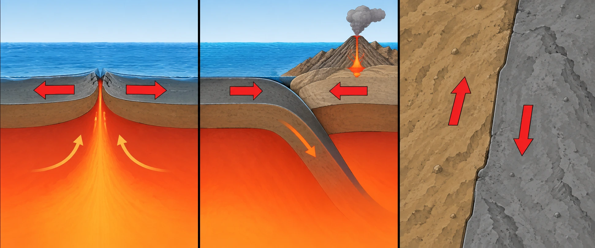 Três esquemas de duas placas mostram afastamento, aproximação com subducção e deslizamento lateral ao longo de uma falha.