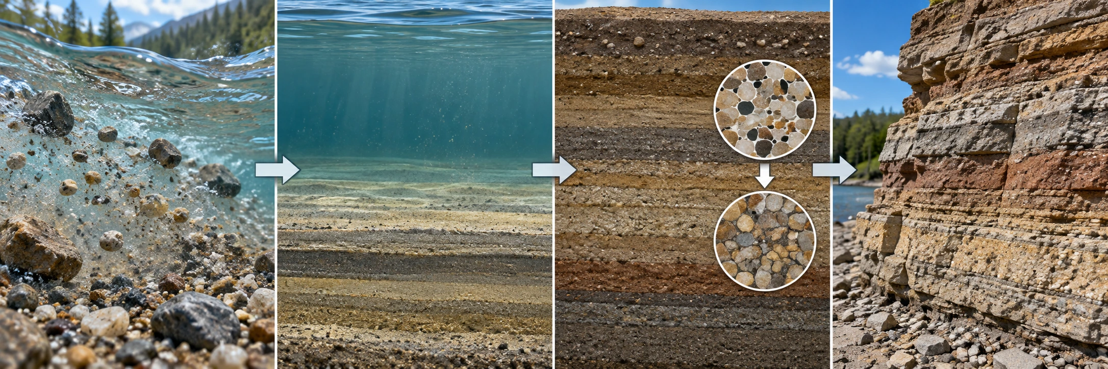 Quatro etapas mostram fragmentos transportados por água, camadas depositadas, grãos compactados e rocha sedimentar estratificada.