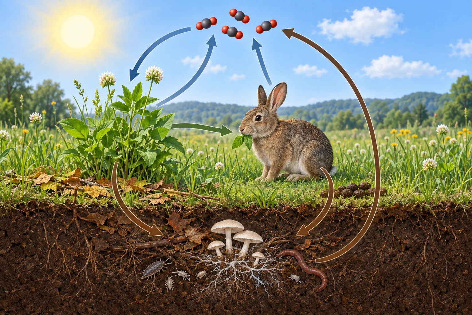 Setas ligam dióxido de carbono no ar a plantas, destas a um coelho e de matéria morta a decompositores, com retorno ao ar.