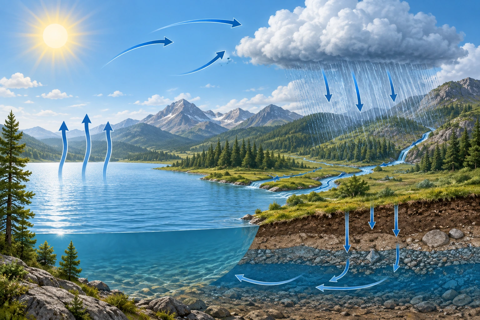A água sobe do lago por evaporação, forma nuvens, precipita e segue tanto pela superfície como pelo solo de volta à água.