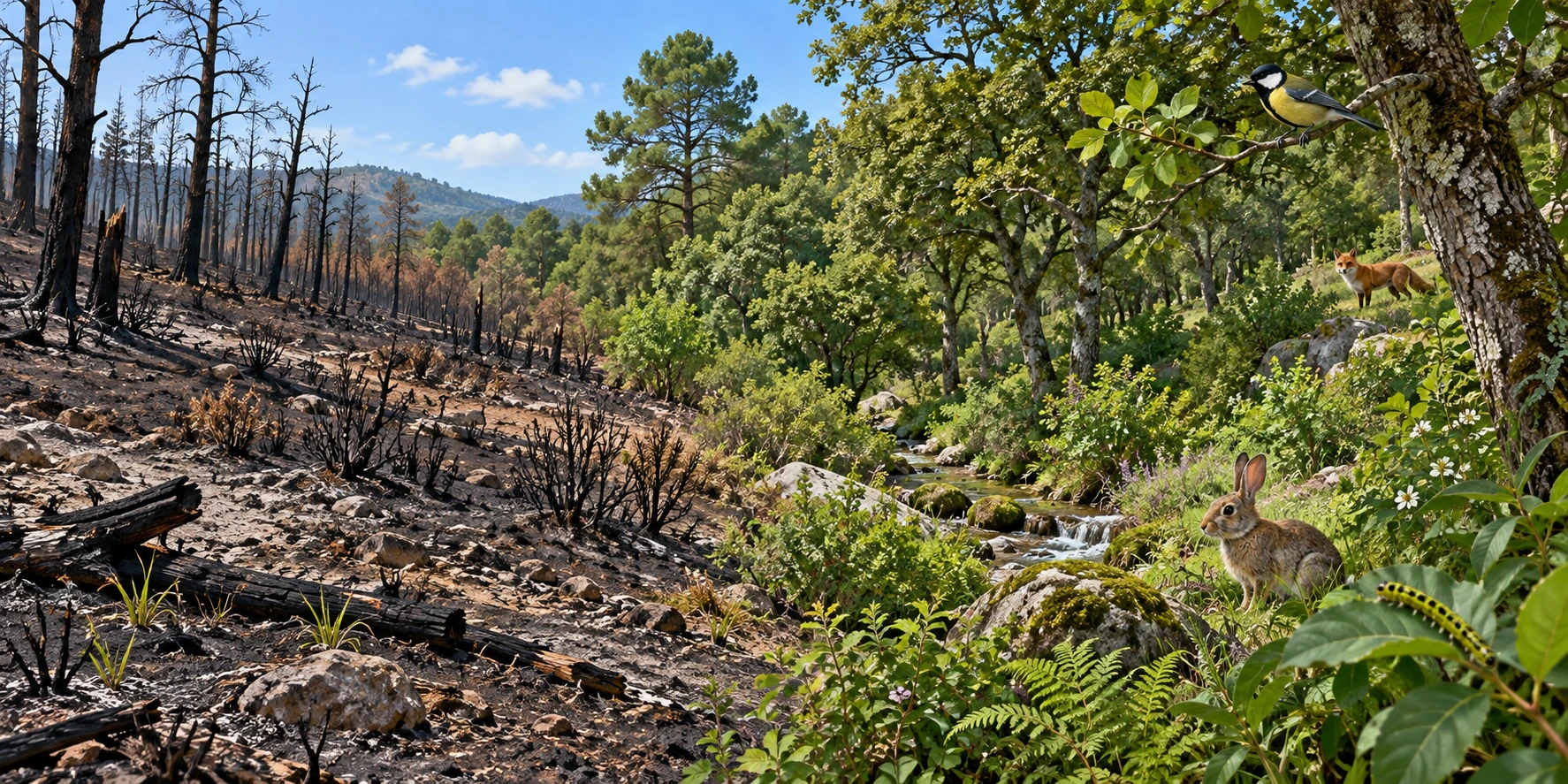 Paisagem contínua com uma zona queimada à esquerda e outra com vegetação à direita; nesta veem-se lagarta, coelho, ave e raposa.