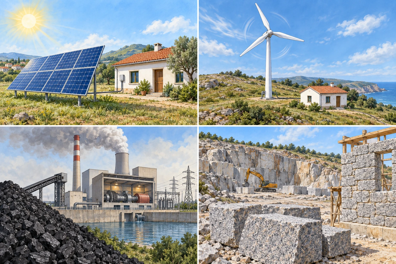 Quatro painéis mostram Sol e painéis solares, vento e turbina, carvão junto de central térmica e blocos de granito numa pedreira para construção.
