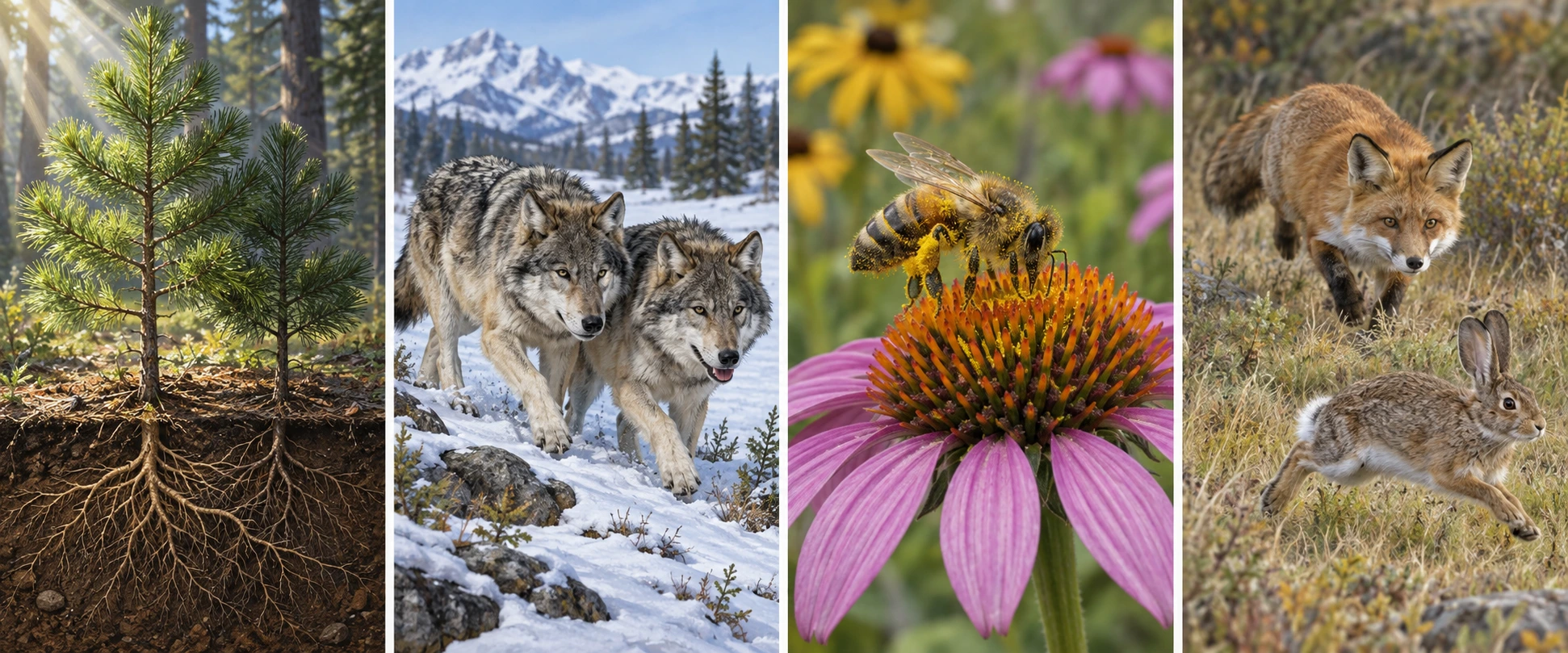 Quatro painéis mostram dois pinheiros próximos, dois lobos juntos, uma abelha numa flor e uma raposa atrás de um coelho.