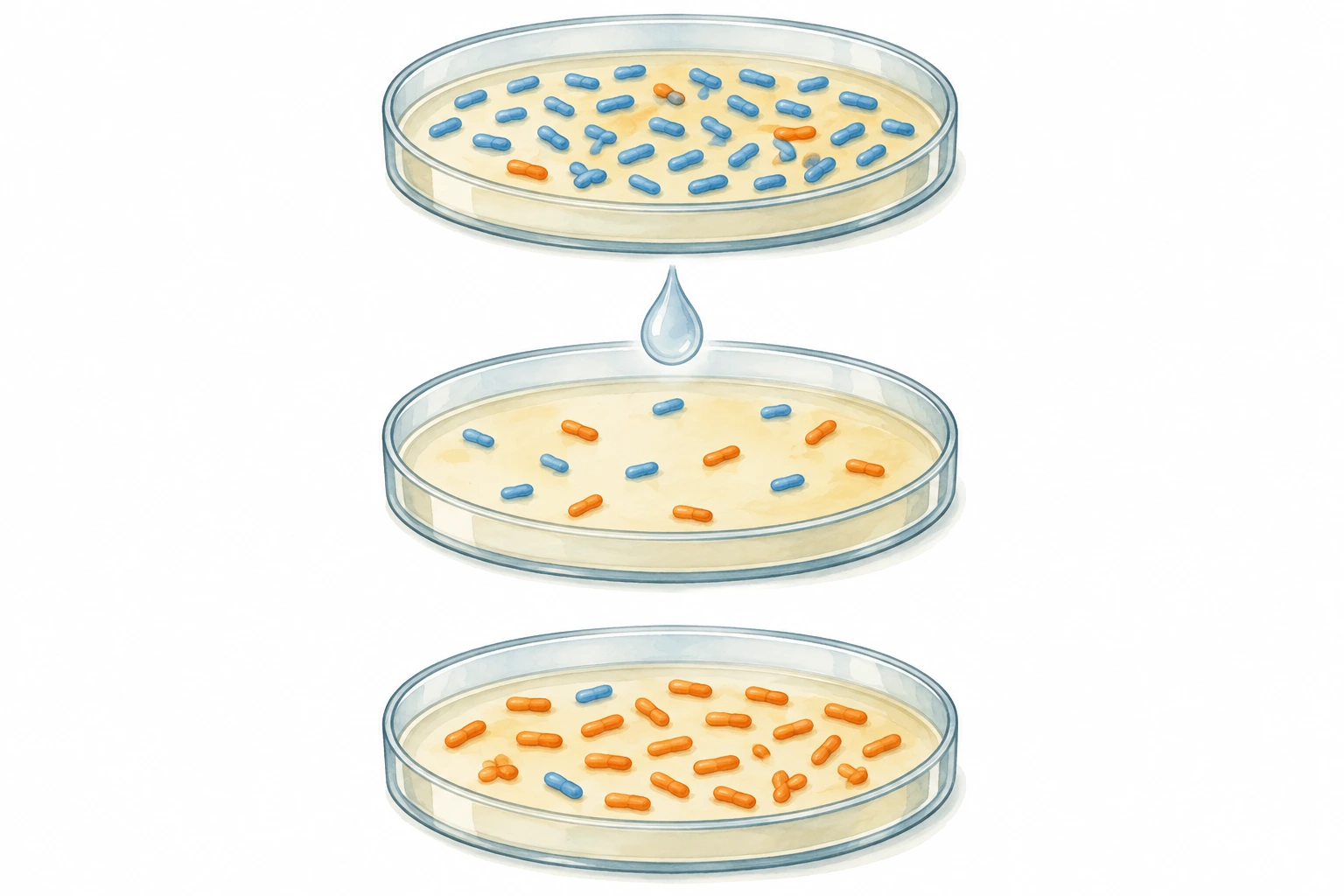Três placas de cultura esquemáticas: primeiro coexistem muitas bactérias azuis e poucas laranjas; após exposição, predominam as laranjas sobreviventes e mais tarde multiplicam-se.
