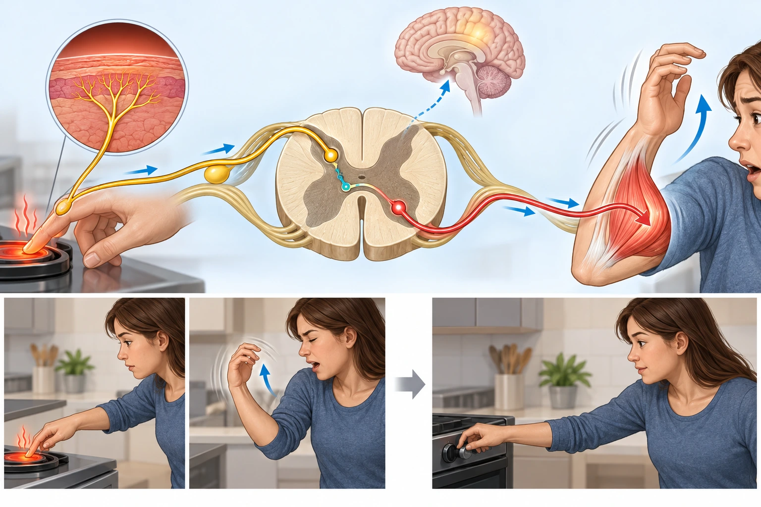 Um dedo toca acidentalmente numa superfície quente; setas levam o sinal da pele à medula e de volta ao músculo; depois a pessoa desliga o aparelho.