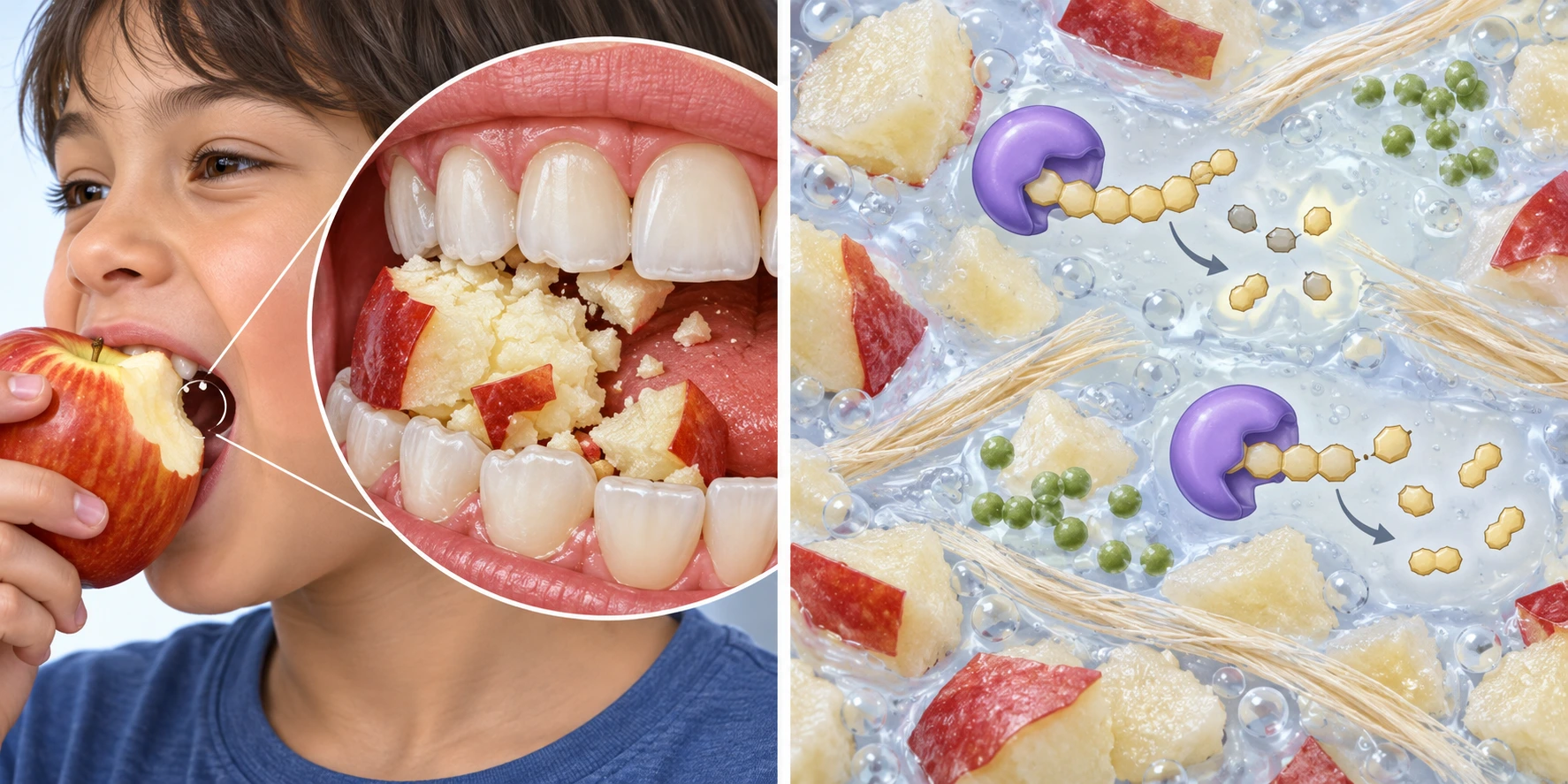 Uma criança mastiga maçã em pedaços menores; ao lado, símbolos de enzimas atuam sobre algumas moléculas no alimento misturado com saliva.