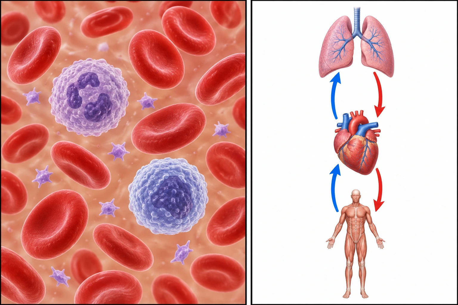O plasma contém glóbulos vermelhos, glóbulos brancos e plaquetas; quatro setas ligam corpo, coração e pulmões nos dois sentidos.
