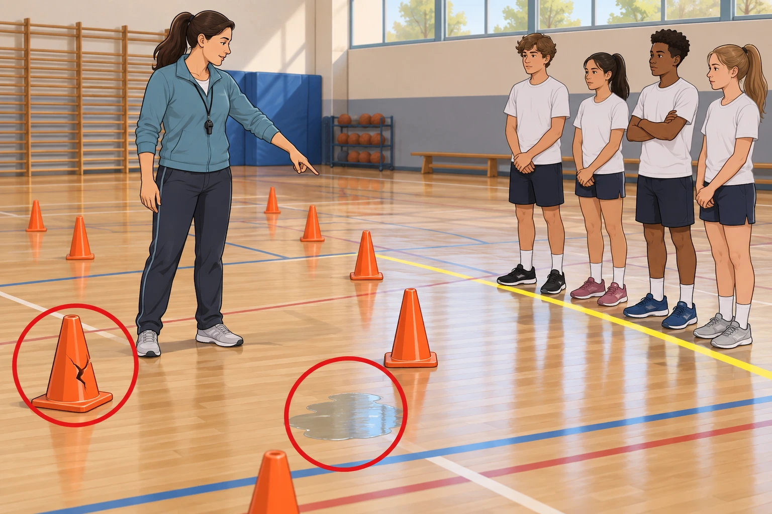 Antes de iniciar um circuito de cones, a professora aponta um cone partido e uma pequena zona molhada; os alunos esperam instruções afastados dos riscos.