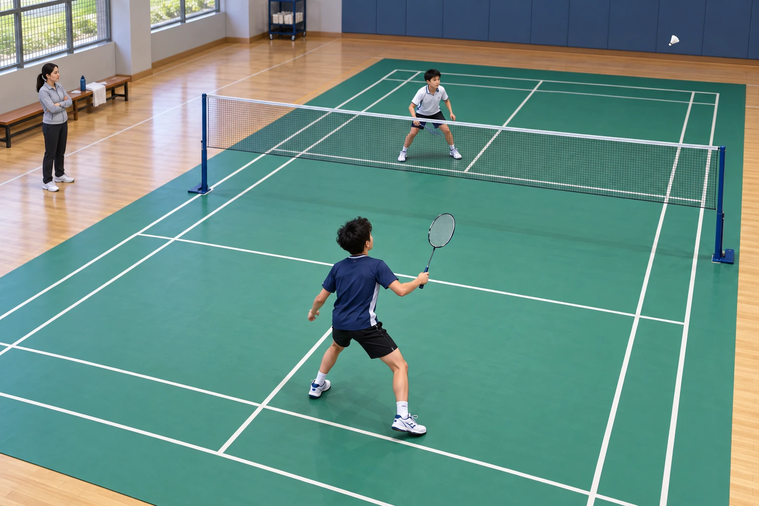 Num campo de badminton individual, uma jogadora prepara a resposta enquanto o adversário está junto à rede e a zona posterior permanece livre.