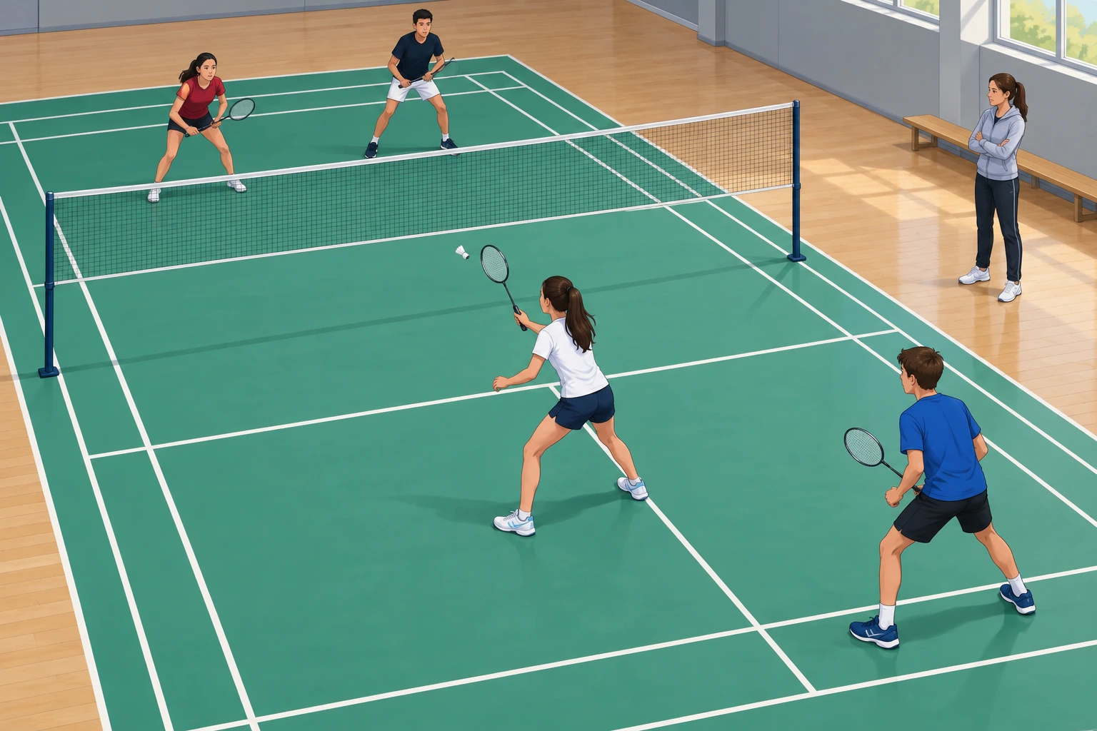 Num campo de badminton, uma colega prepara a receção enquanto o parceiro cobre espaço afastado; a professora observa de fora.