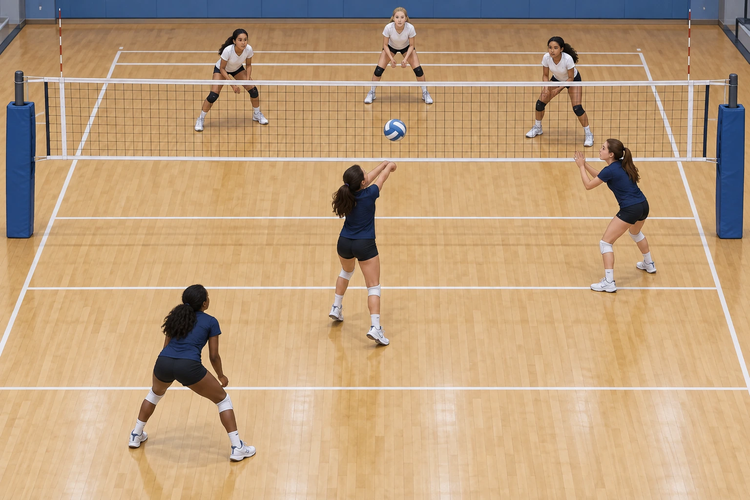 Três colegas em voleibol ocupam posições separadas: uma joga a bola, outra prepara apoio perto da rede e outra cobre a zona posterior.