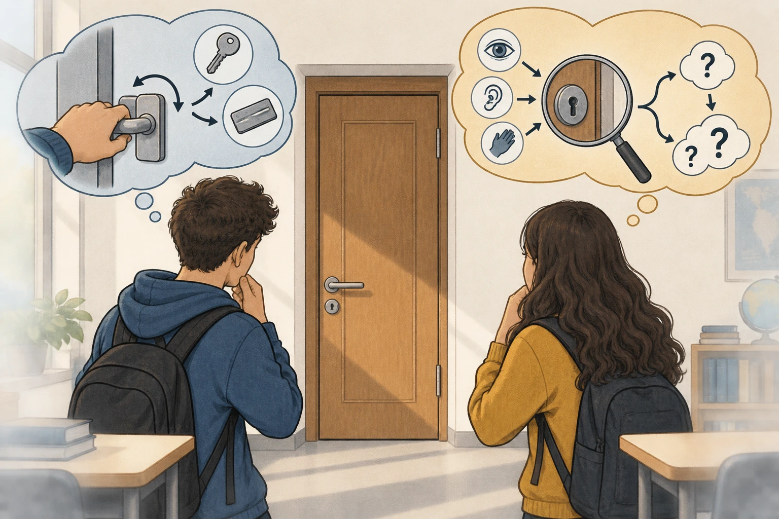 Dois caminhos de investigação diante de uma porta fechada: verificar um dado prático e discutir razões para uma regra de acesso.
