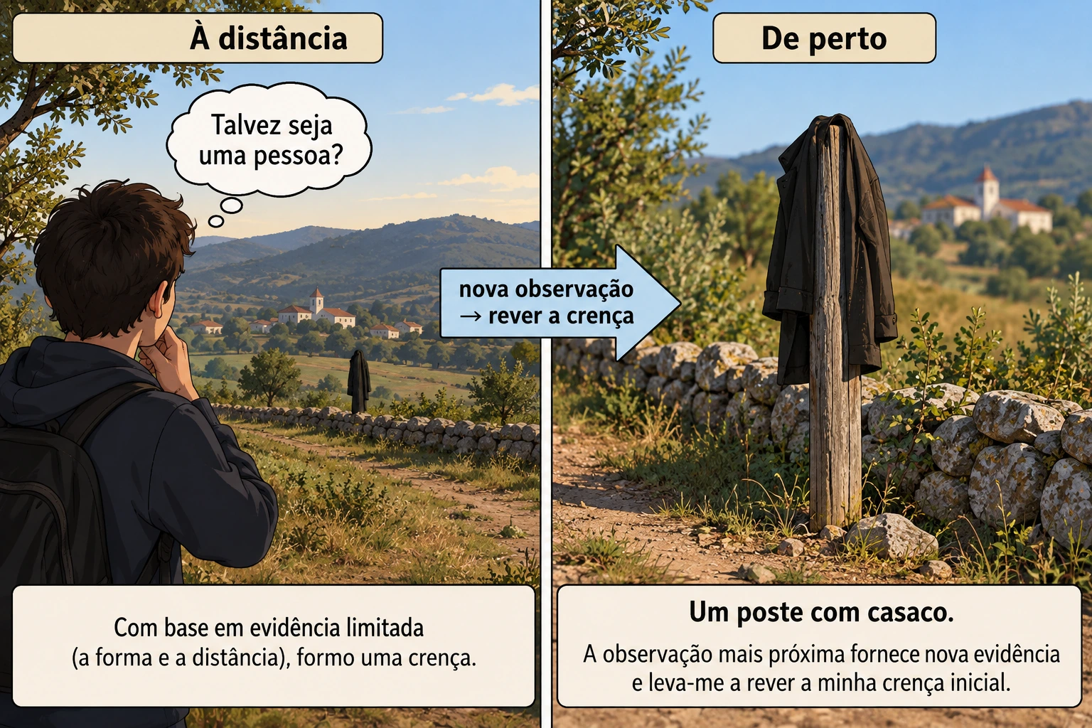 À distância, uma forma parece uma pessoa; de perto vê-se um poste com um casaco, exigindo rever a crença inicial.