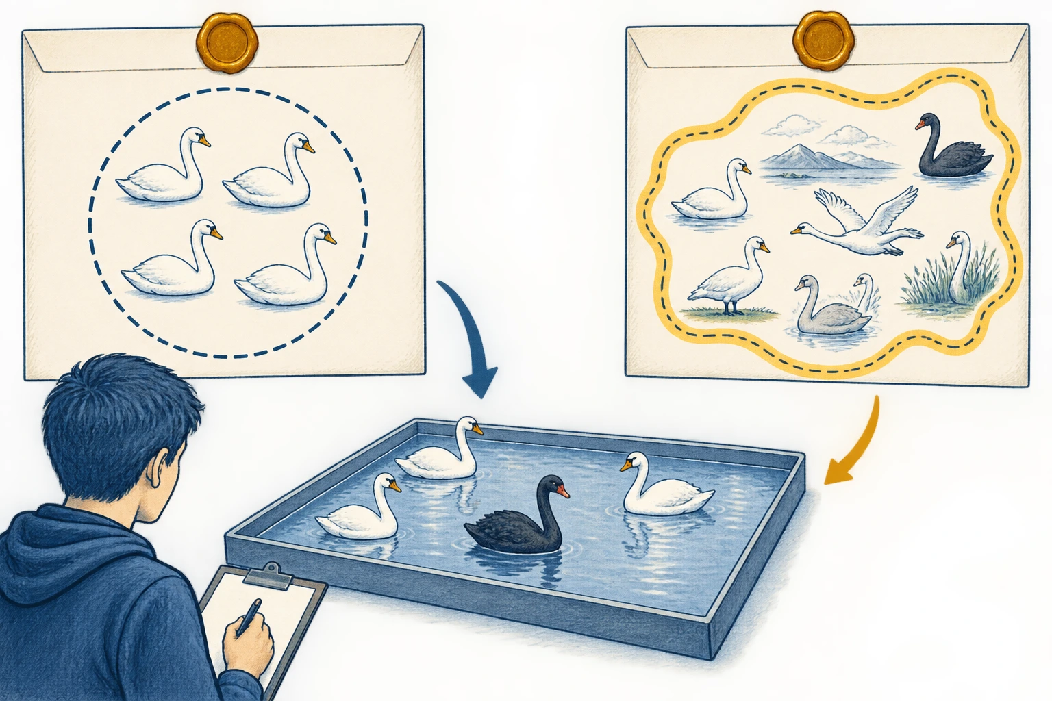 Cisnes observados e espaço reservado a um possível contraexemplo numa experiência de teste.