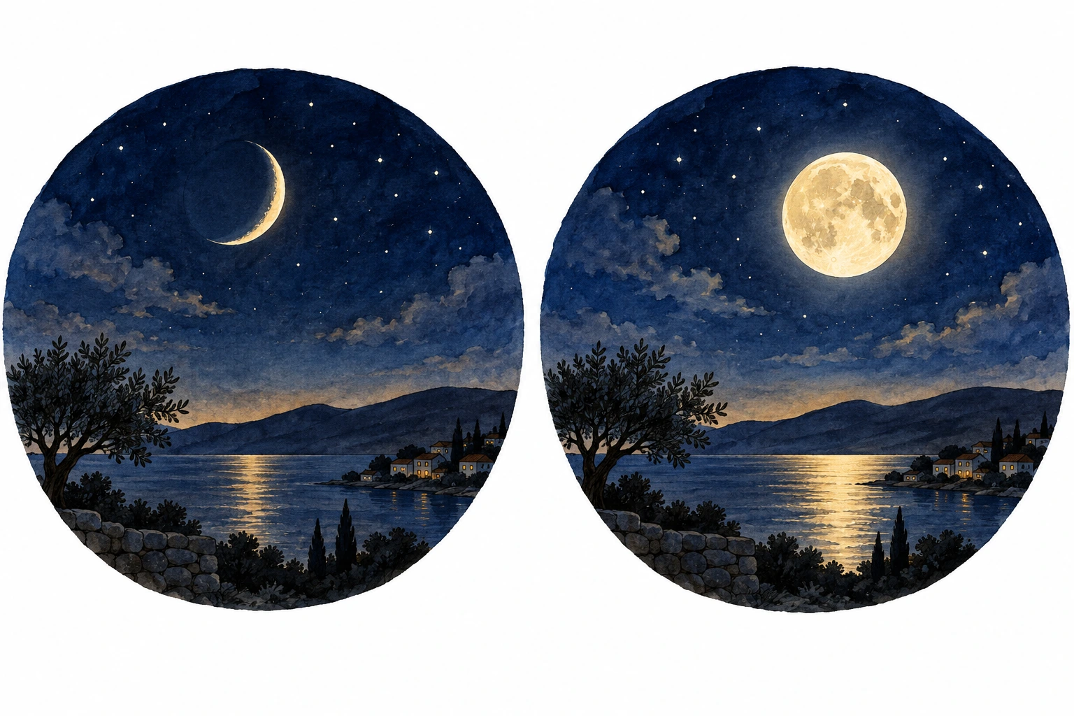 Duas vistas noturnas mostram crescente e Lua quase cheia em noites distintas.