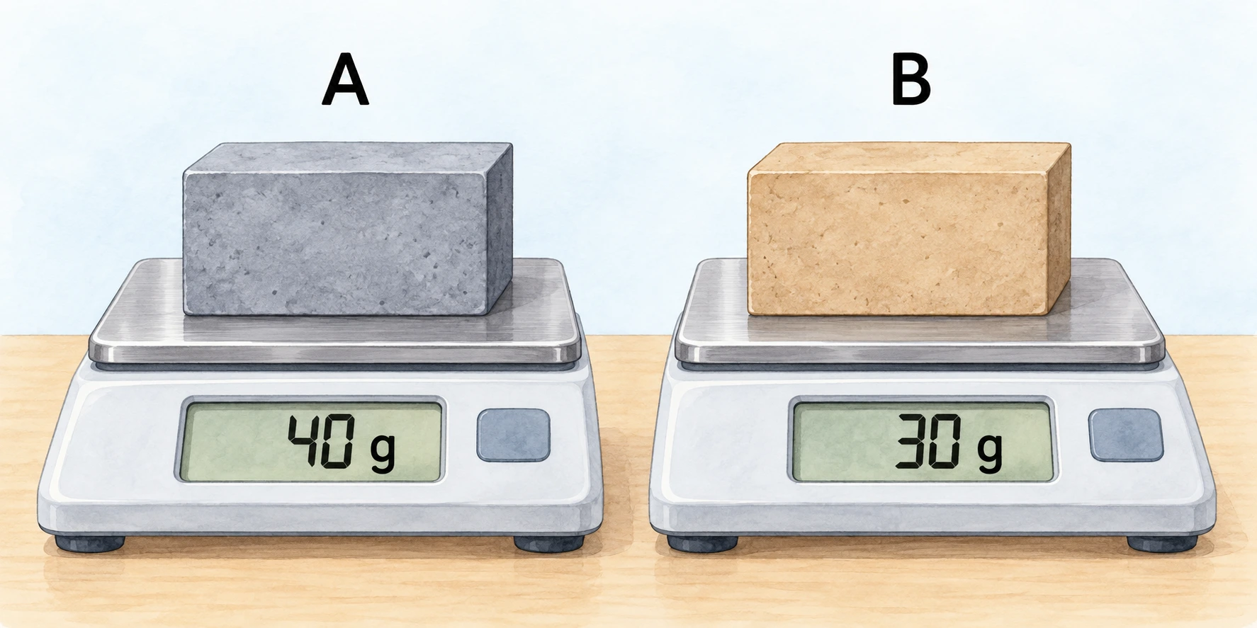 Dois blocos de iguais dimensões: o modelo A está numa balança que indica 40 g e o modelo B noutra que indica 30 g; os volumes declarados no exercício são ambos 20 cm³.