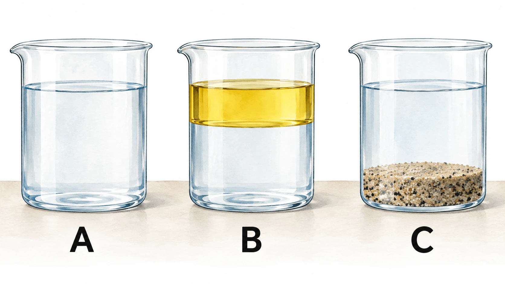 Três copos A, B e C: A tem líquido visualmente uniforme, B mostra óleo amarelo sobre água e C mostra areia depositada no fundo da água.