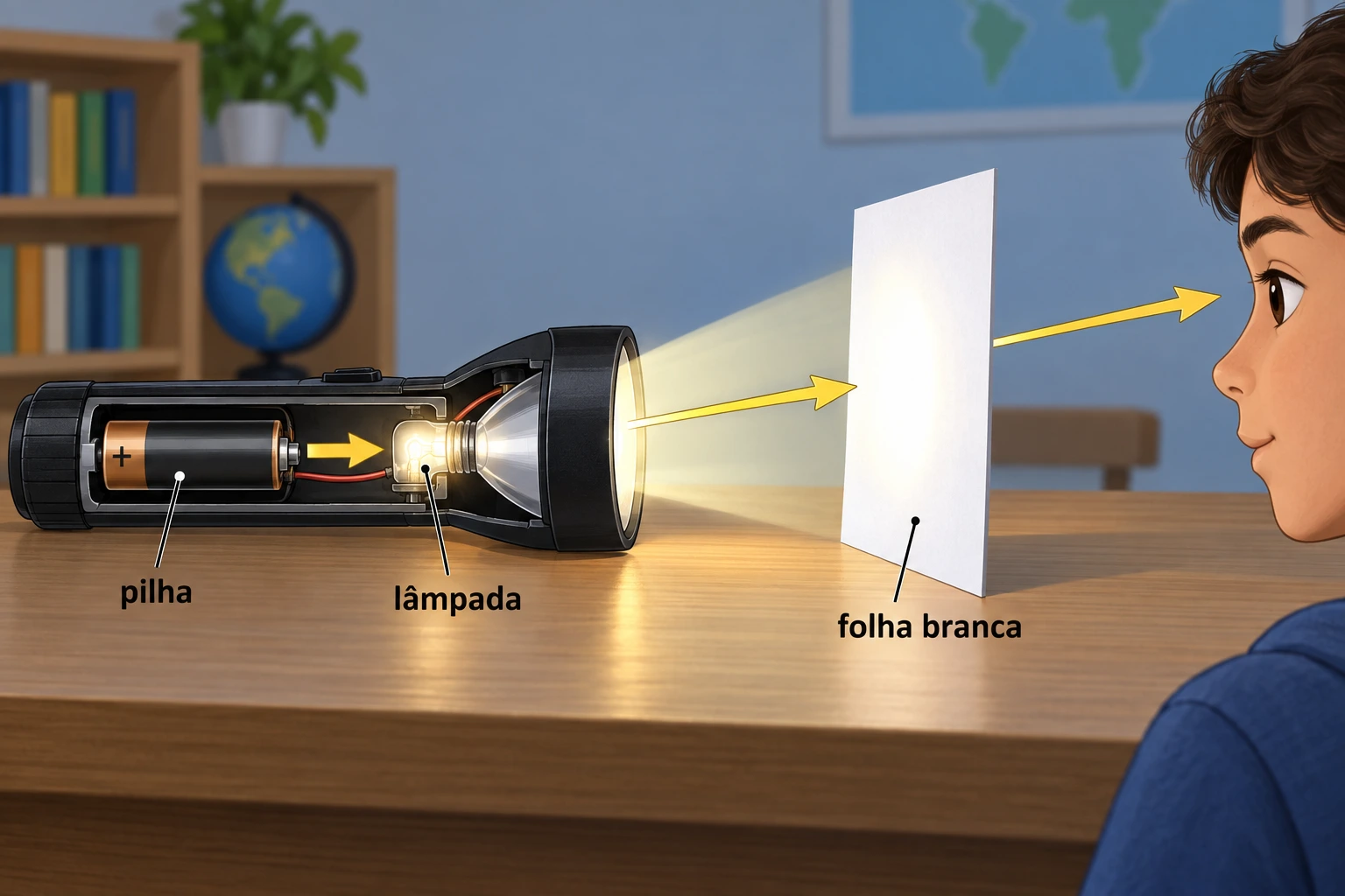 A pilha alimenta a lâmpada de uma lanterna; a luz ilumina uma folha branca e parte da luz refletida chega ao olho.