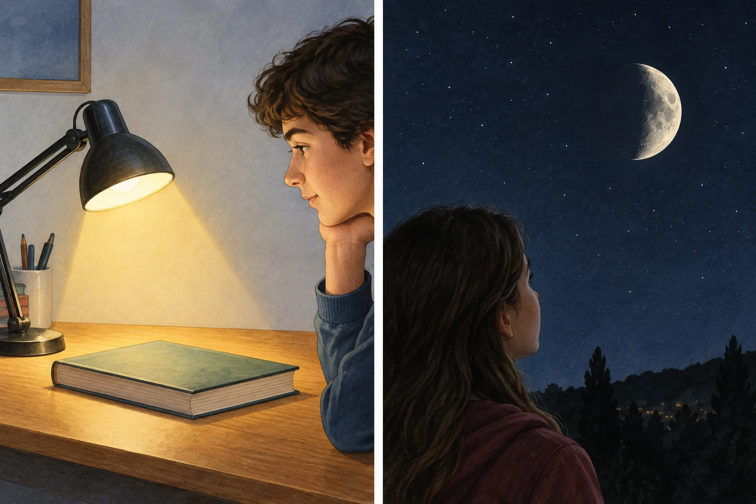 Dois painéis: uma lâmpada acesa ilumina um livro numa mesa; noutro painel, uma pessoa observa a parte iluminada da Lua no céu noturno.