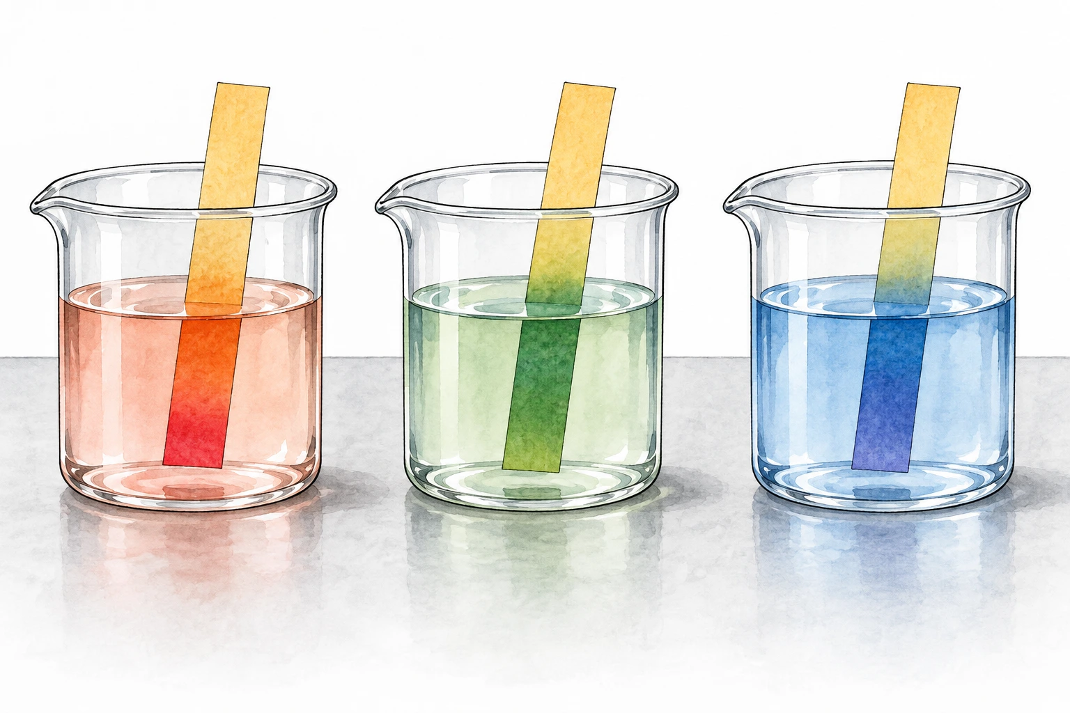 Três copos têm tiras indicadoras vermelha, verde e azul.