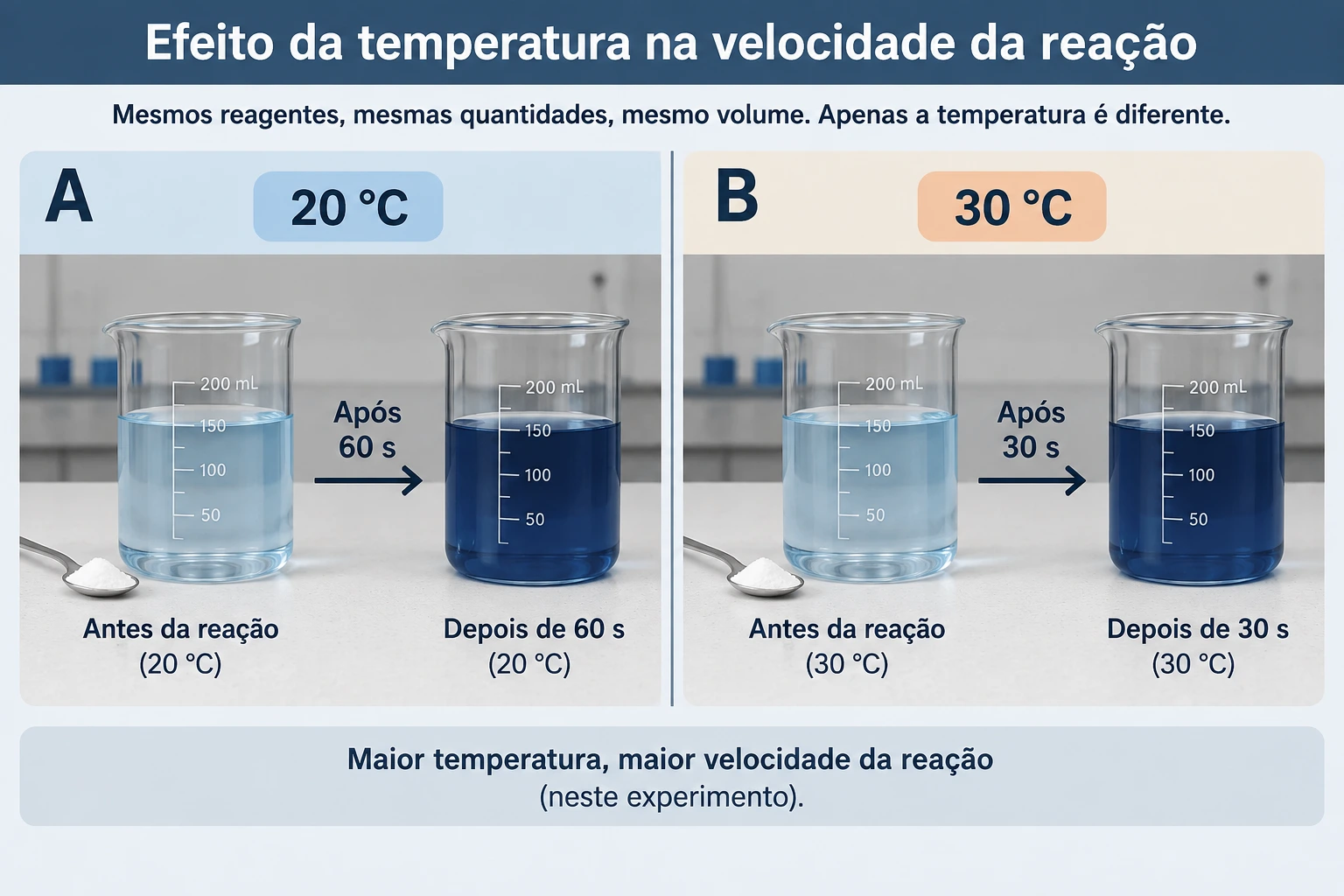 Nos mesmos reagentes e volumes, A a 20 °C muda de cor após 60 s e B a 30 °C muda de cor após 30 s.