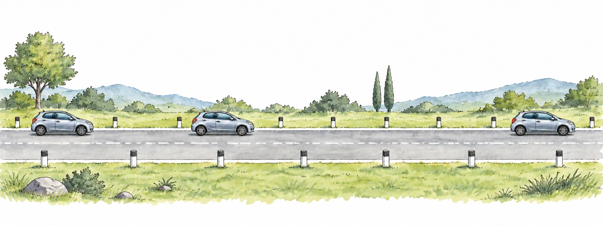 Um automóvel aparece em três posições sucessivas ao longo de estrada reta.