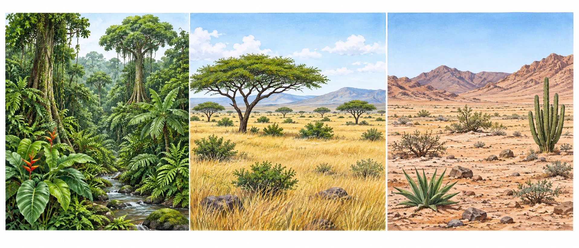 Três painéis mostram floresta húmida densa, savana aberta e deserto com poucas plantas.