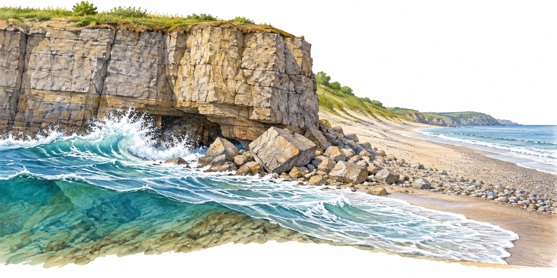 Ondas atingem a base de uma arriba rochosa, com blocos caídos e praia adjacente.