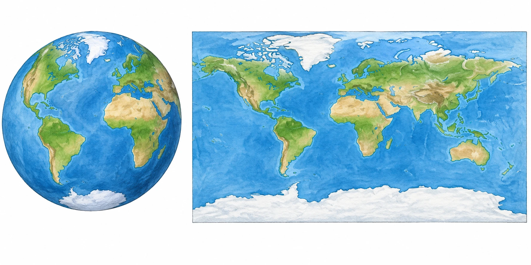 Globo e planisfério lado a lado mostram os mesmos continentes, com regiões polares visualmente ampliadas no mapa plano.
