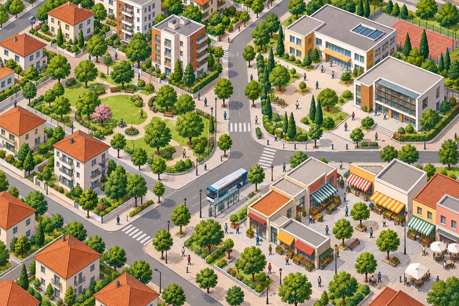 Bairro urbano ilustrativo com habitações, escola, biblioteca, lojas, paragem de autocarro e espaços de circulação.