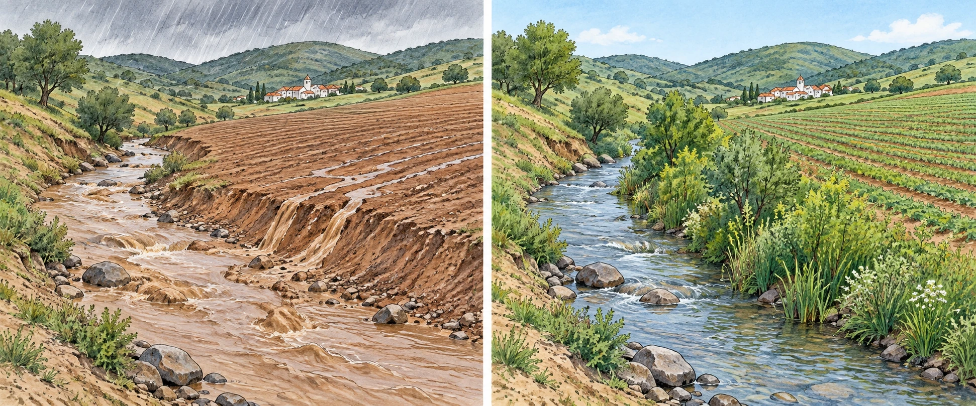 Dois campos junto a um ribeiro: solo descoberto sob chuva e campo com cobertura vegetal e faixa ribeirinha em tempo claro.