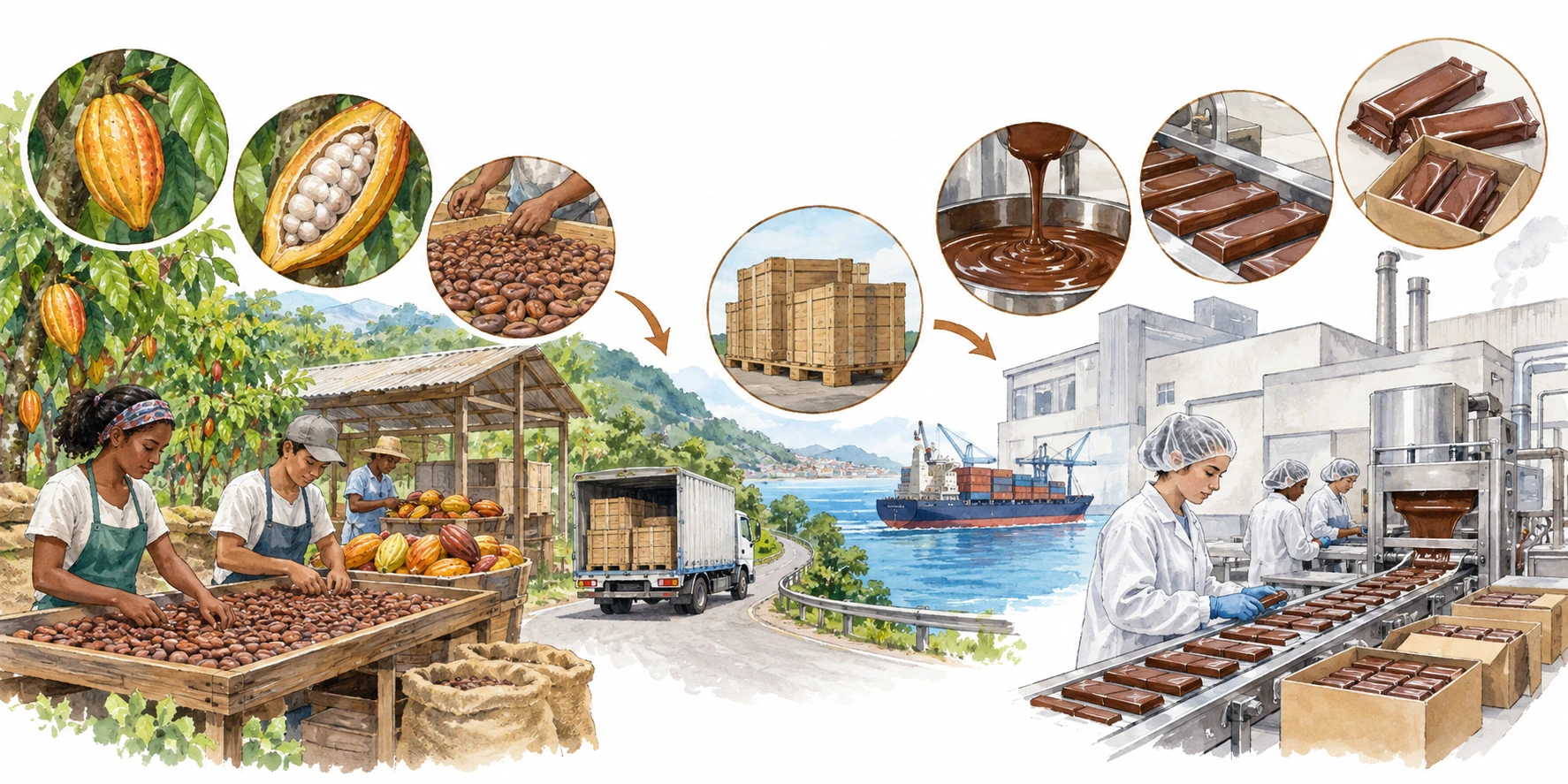 Sequência visual de colheita e preparação de cacau, transporte marítimo e fabrico e embalagem de chocolate.