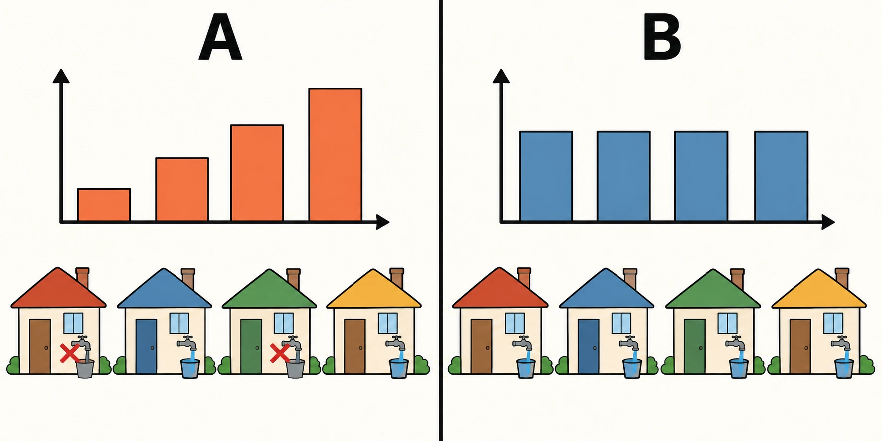 No território fictício A a produção cresce, mas duas de quatro casas não têm água segura; em B a produção mantém-se e as quatro casas têm água.