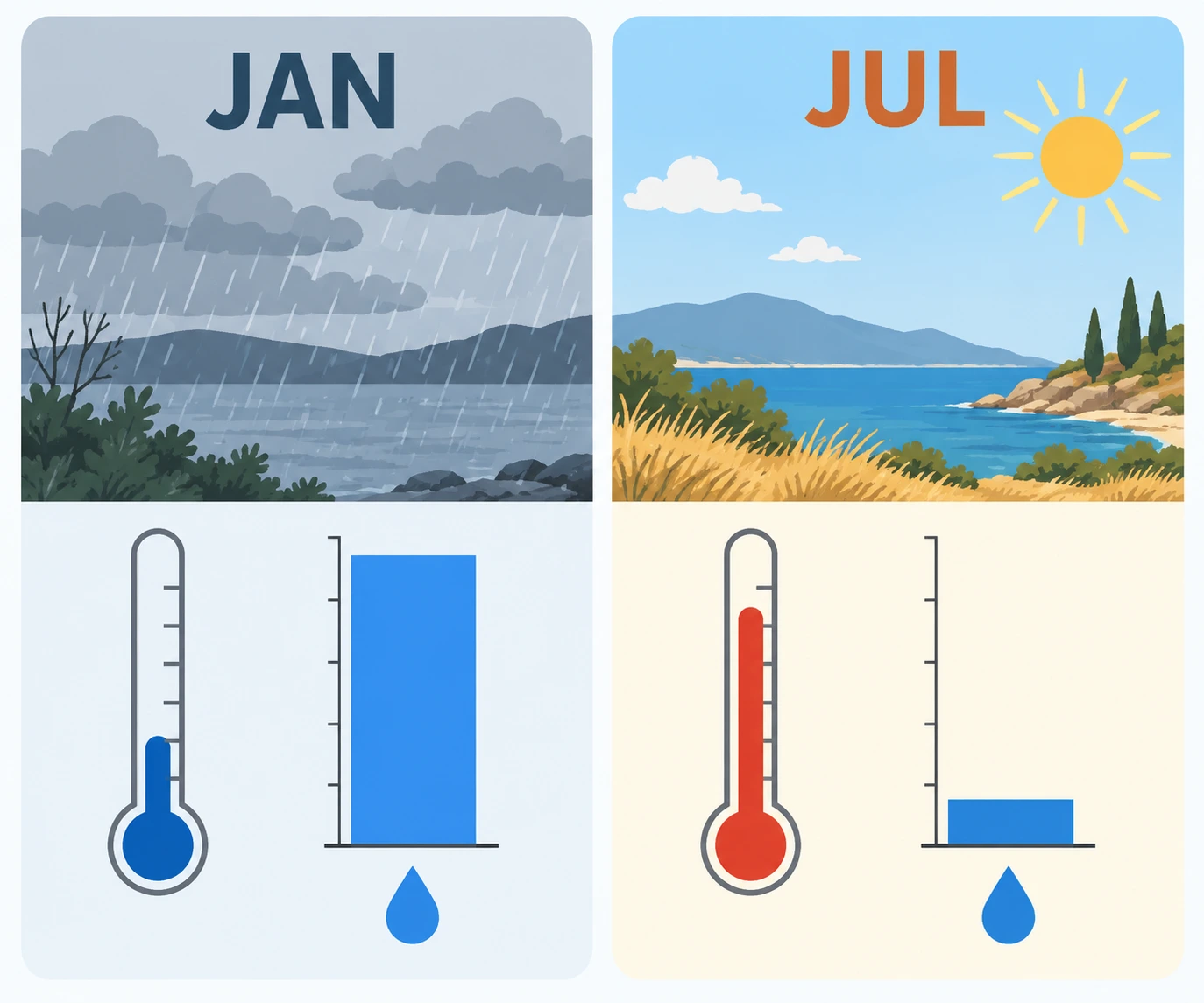 Dois cartões mostram janeiro mais frio e chuvoso e julho mais quente e seco, com termómetros e barras de precipitação.