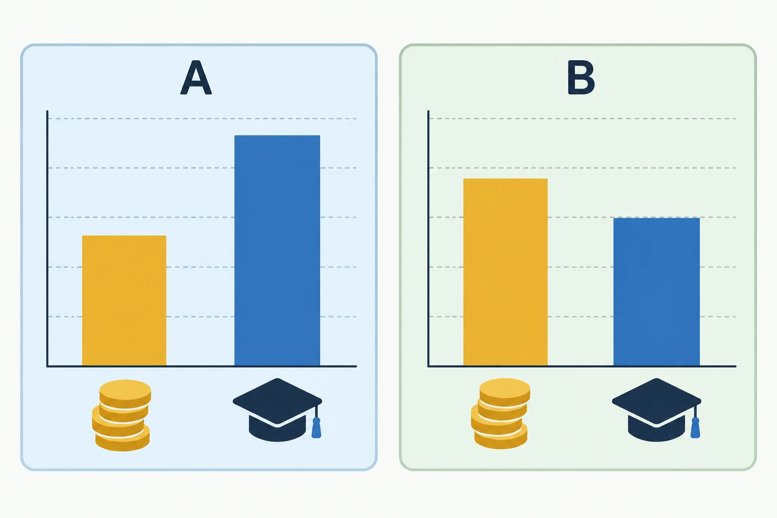 Dois gráficos de regiões fictícias A e B mostram rendimento mais alto em B e conclusão escolar mais alta em A.
