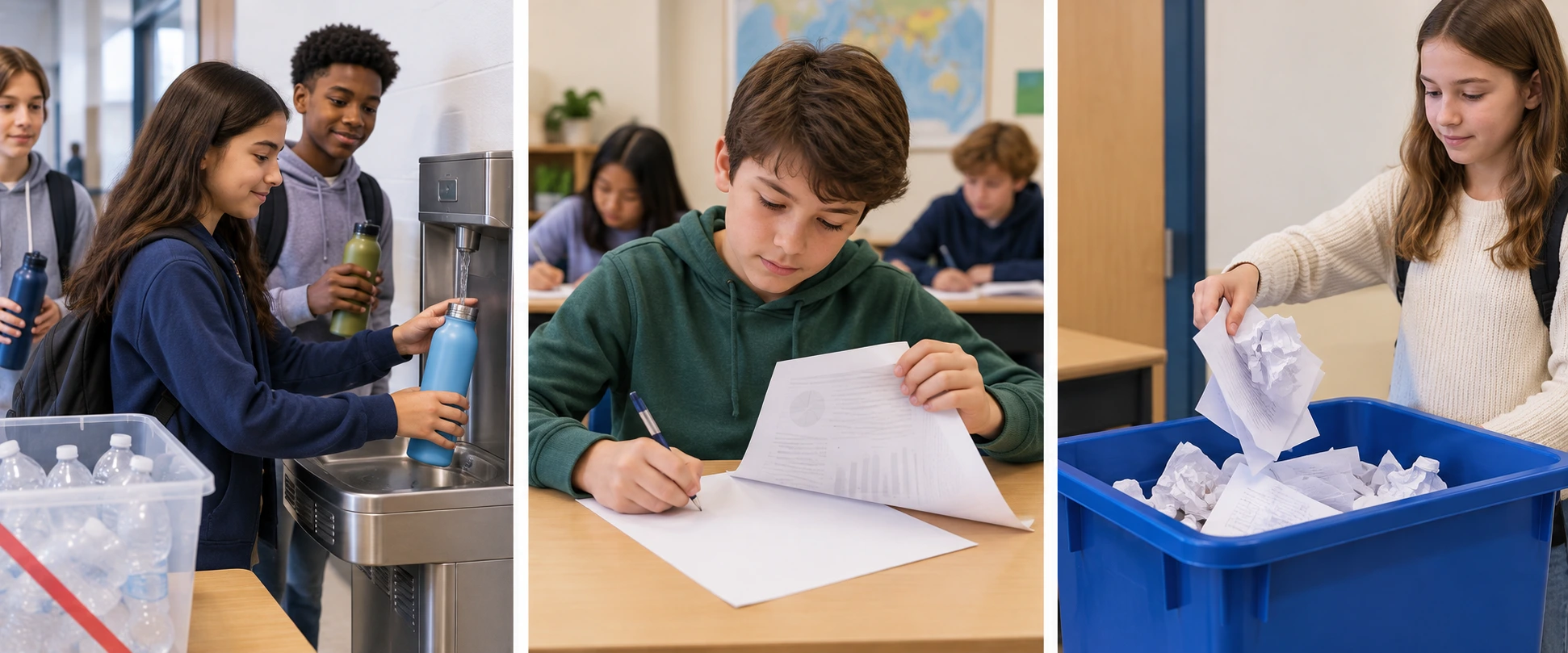 Na escola, alunos enchem garrafas duráveis, escrevem no verso de uma folha já impressa e separam papel usado num recipiente próprio.
